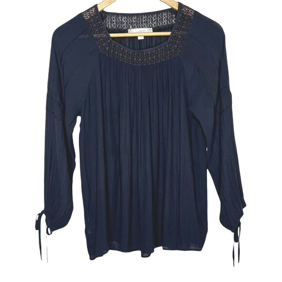 LOFT Navy Blue Blouse Small | Long Sleeve Shirred Peasant Boho Top - Picture 1 of 11